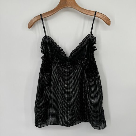 Rebecca Taylor Black silver Metallic Ruffle Camisole sleeveless Top Size 4 - Picture 8 of 9